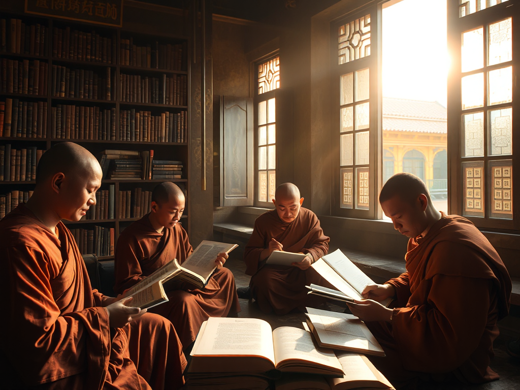 Các vị sư trong chùa Việt Nam nghiên cứu kinh điển Nguyên thủy trong thư viện yên tĩnh với ánh sáng vàng dịu nhẹ và kiến trúc truyền thống