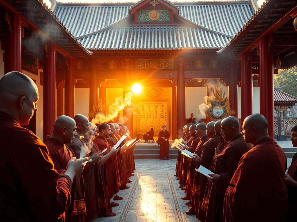 Các vị sư tụng kinh Phật trong sân chùa vào buổi sáng sớm, ánh sáng vàng chiếu lên tràng hạt và khói hương, kiến trúc truyền thống với cột đỏ và mái cong trang trí