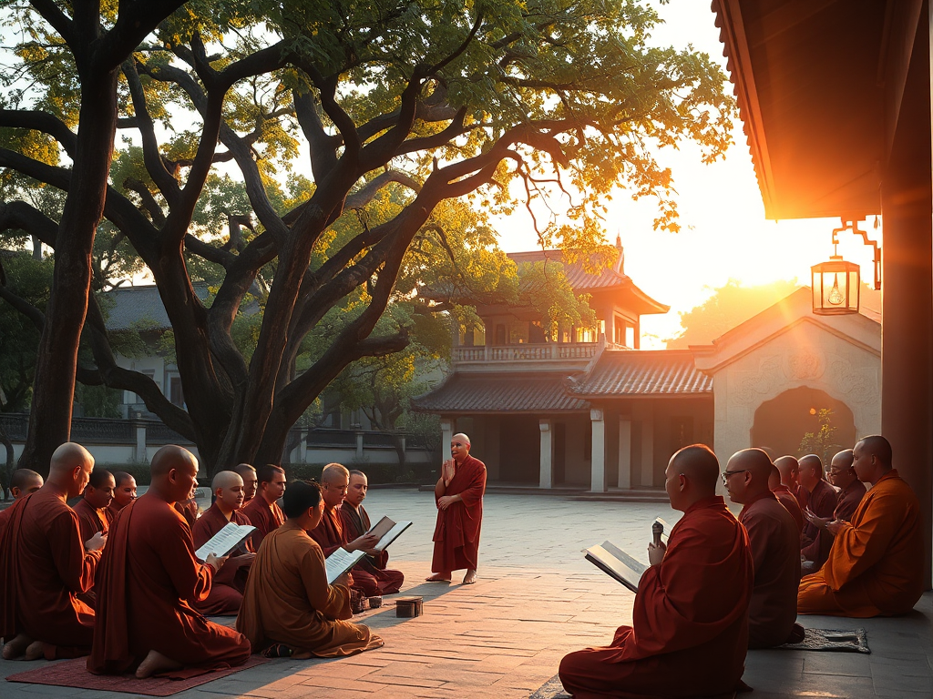 Các vị sư tụng kinh trong khuôn viên chùa thanh tịnh vào buổi sáng sớm, ánh sáng vàng dịu nhẹ chiếu qua tán cây cổ thụ và kiến trúc chùa Việt Nam truyền thống