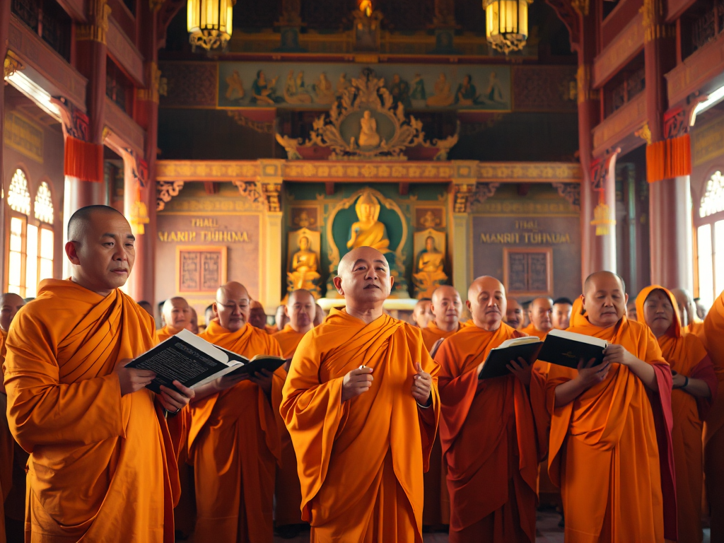 Các vị sư và ni cô mặc áo cà sa màu cam đang tụng kinh trong điện Phật, không gian chùa chiền truyền thống Việt Nam với ánh sáng vàng dịu nhẹ tạo nên không khí thanh tịnh trang nghiêm. Các vị sư và ni cô mặc áo cà sa màu cam đang tụng kinh trong điện Phật, không gian chùa chiền truyền thống Việt Nam với ánh sáng vàng dịu nhẹ tạo nên không khí thanh tịnh trang nghiêm.