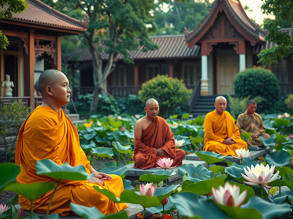 Các vị tăng mặc áo cà sa thiền định trong khu vườn yên tĩnh với hoa sen và kiến trúc truyền thống, tạo không gian thanh bình và trang nghiêm Các vị tăng mặc áo cà sa thiền định trong khu vườn yên tĩnh với hoa sen và kiến trúc truyền thống, tạo không gian thanh bình và trang nghiêm