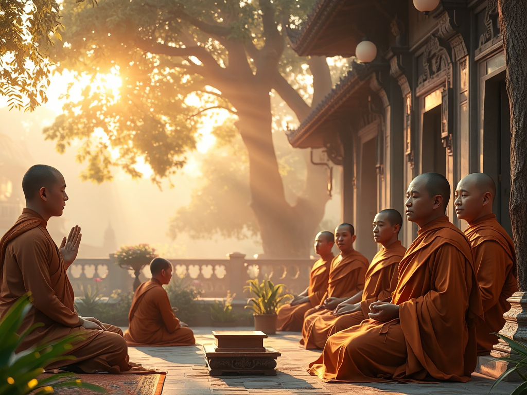 Các vị tăng sĩ Phật giáo mặc áo cà sa truyền thống ngồi thiền trong khuôn viên chùa thanh tịnh, ánh sáng vàng dịu nhẹ xuyên qua tán lá cây, phong cách nghệ thuật Phật giáo Việt Nam.