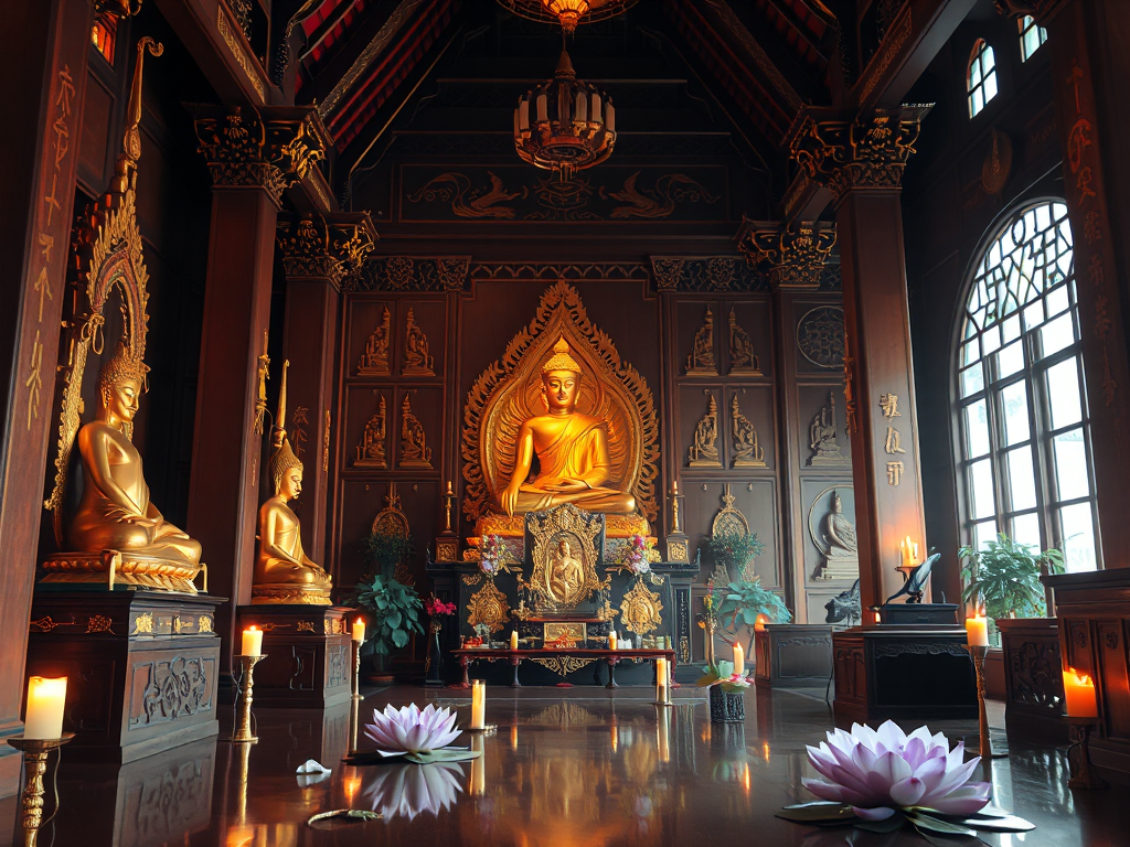 Cảnh bên trong chùa Phật giáo với tượng vàng, hoa sen và ánh nến dịu nhẹ tạo không gian thiền định thanh tịnh theo kiến trúc truyền thống Việt Nam