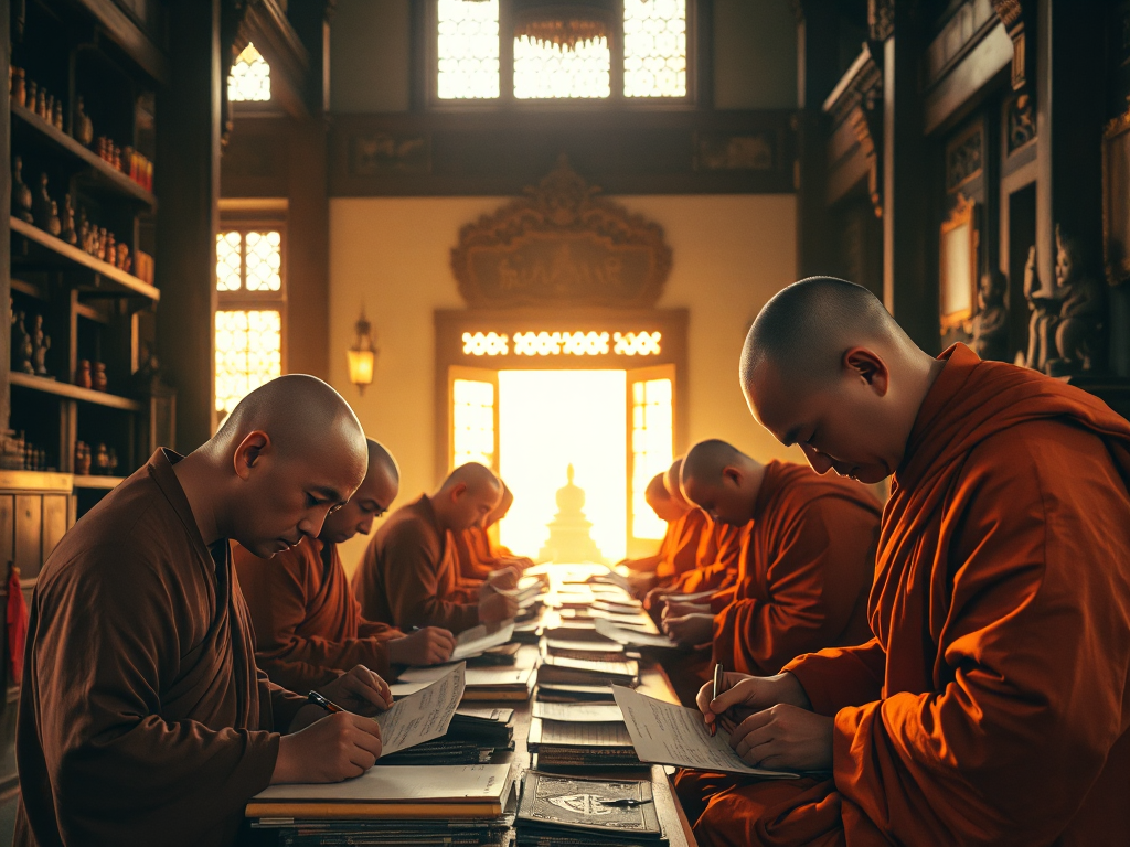 Cảnh các nhà sư và phật tử đang chép kinh Địa Tạng trong chùa ở Bình Dương, không gian thanh tịnh với ánh sáng vàng nhẹ, giấy viết và bút lông truyền thống