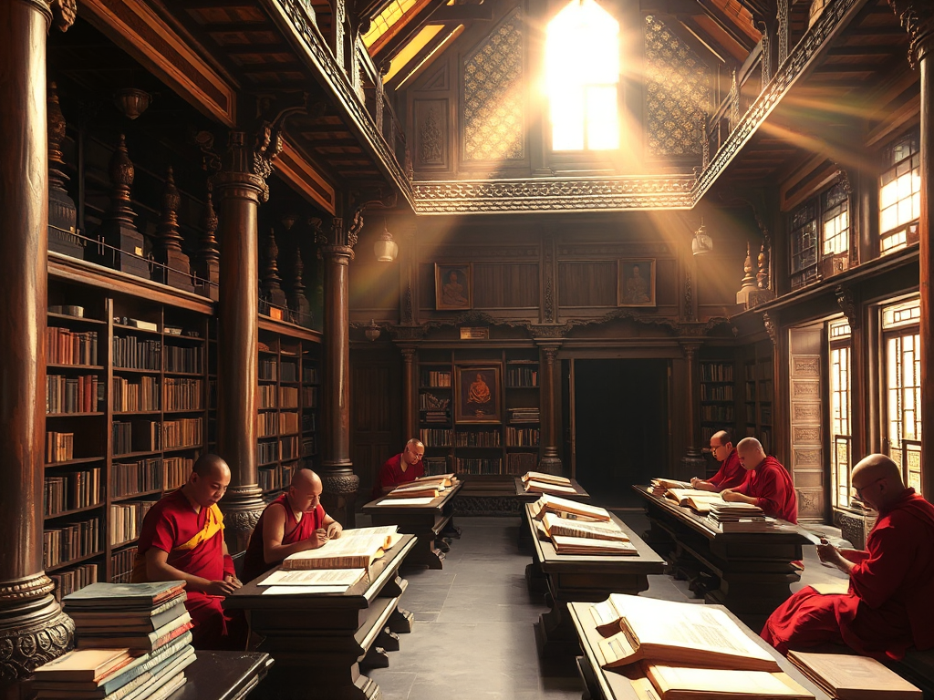 Cảnh chùa cổ với các vị tăng đang nghiên cứu kinh điển trong thư viện, ánh sáng vàng ấm áp chiếu qua cửa sổ, kiến trúc truyền thống Đông Nam Á, không gian thanh tịnh và trang nghiêm Cảnh chùa cổ với các vị tăng đang nghiên cứu kinh điển trong thư viện, ánh sáng vàng ấm áp chiếu qua cửa sổ, kiến trúc truyền thống Đông Nam Á, không gian thanh tịnh và trang nghiêm