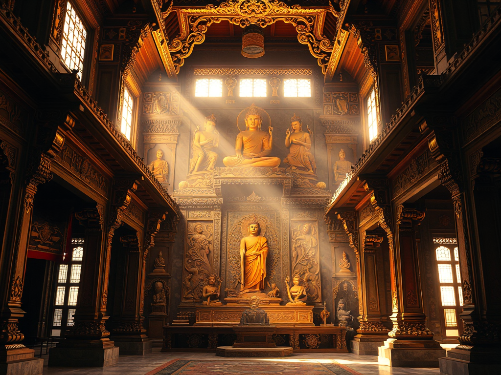 Cảnh chùa Phật giáo cổ kính với kiến trúc vàng óng ánh, ánh sáng mặt trời chiếu qua cửa sổ chạm trổ, tạo không gian thanh tịnh cho việc thiền định và tu tập
