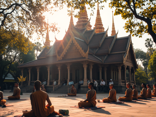 Cảnh chùa Phật giáo cổ kính với tháp vàng, các vị sư tĩnh tọa thiền định dưới ánh nắng dịu nhẹ, tạo nên không gian thanh tịnh và trang nghiêm