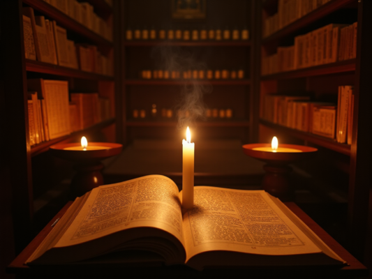 Cảnh chùa Việt Nam cổ kính với kinh điển được lưu giữ trên giá gỗ, ánh nến lung linh và khói hương nghi ngút trong không gian thanh tịnh