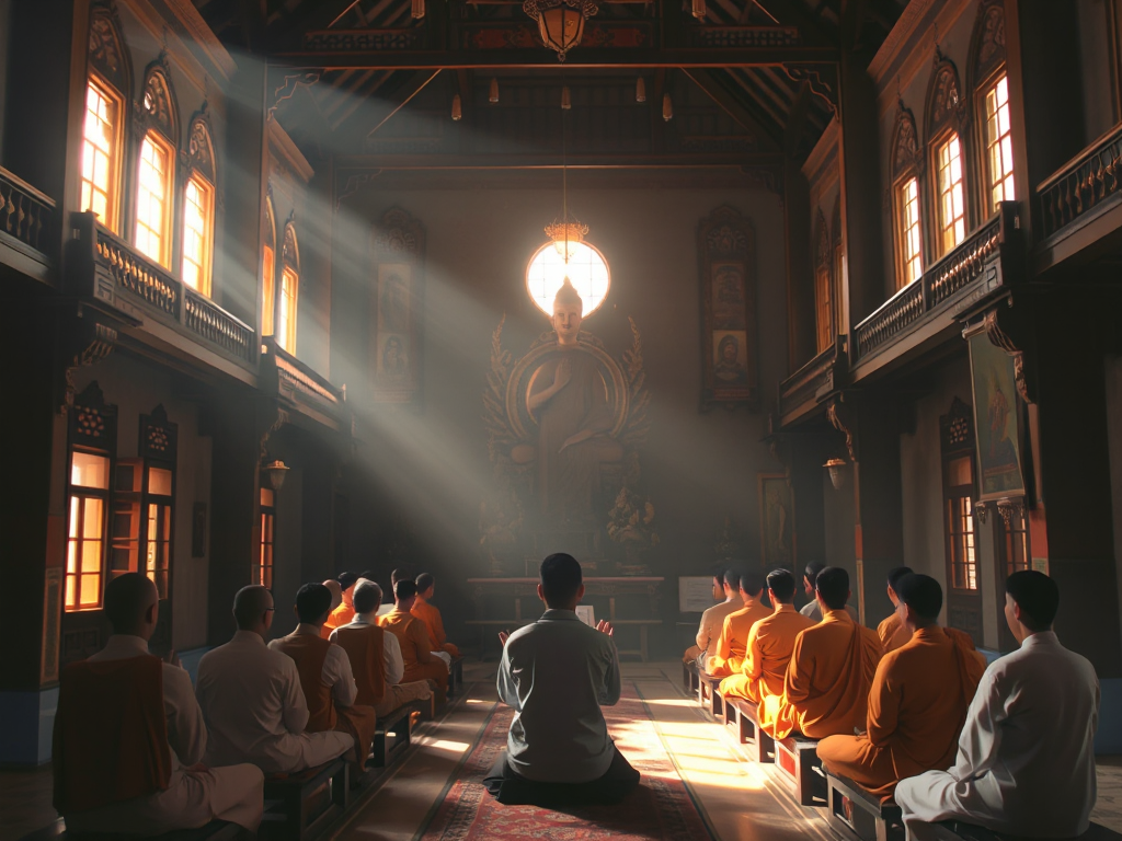 Cảnh chùa Việt Nam với các vị sư thầy đang tụng kinh trong không gian thanh tịnh, ánh sáng vàng nhẹ nhàng chiếu qua cửa sổ, kiến trúc truyền thống và tranh tượng Phật giáo trang trí xung quanh