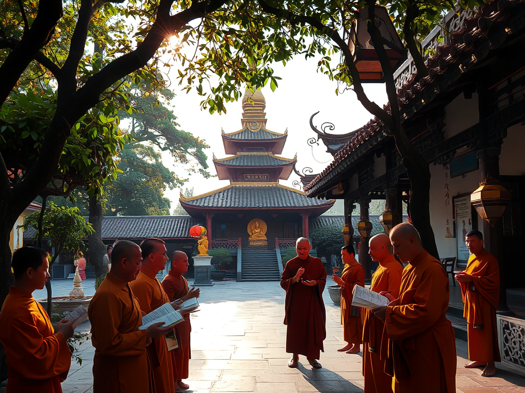 Cảnh chùa yên bình với các nhà sư phát kinh sách miễn phí, chùa vàng lộng lẫy phía sau, ánh nắng ấm áp xuyên qua tán cây trong khuôn viên chùa truyền thống Việt Nam Cảnh chùa yên bình với các nhà sư phát kinh sách miễn phí, chùa vàng lộng lẫy phía sau, ánh nắng ấm áp xuyên qua tán cây trong khuôn viên chùa truyền thống Việt Nam