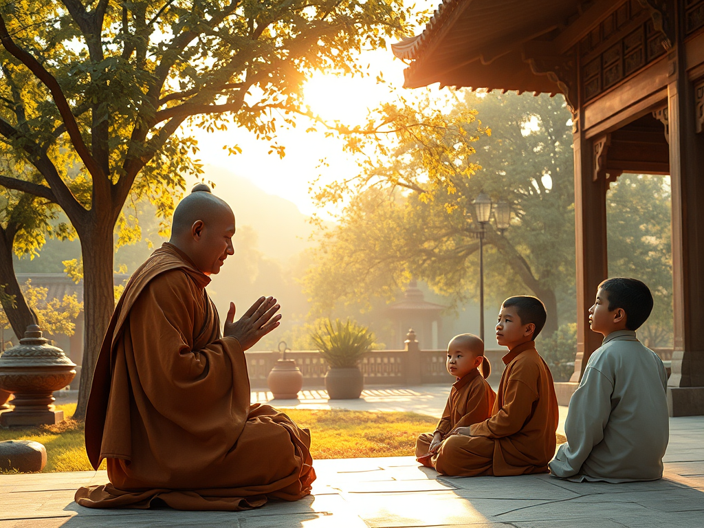 Cảnh một vị sư già đang giảng dạy đạo đức cho các đệ tử trẻ trong khuôn viên chùa thanh tịnh, ánh sáng vàng nhẹ nhàng chiếu qua tán cây Cảnh một vị sư già đang giảng dạy đạo đức cho các đệ tử trẻ trong khuôn viên chùa thanh tịnh, ánh sáng vàng nhẹ nhàng chiếu qua tán cây