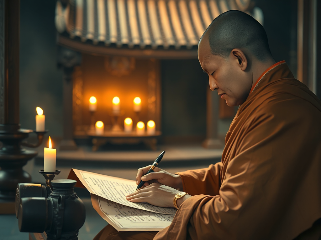 Cảnh một vị sư thầy đang chép kinh Địa Tạng trên giấy bản, ánh nến lung linh trong không gian chùa cổ kính, toát lên vẻ thanh tịnh và trang nghiêm