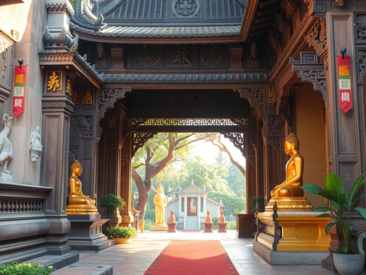 Cảnh quan chùa cổ kính với tượng Phật vàng, kiến trúc chạm khắc tinh xảo, khuôn viên yên tĩnh, thể hiện tinh thần Kinh Hoa Nghiêm tại Bình Dương