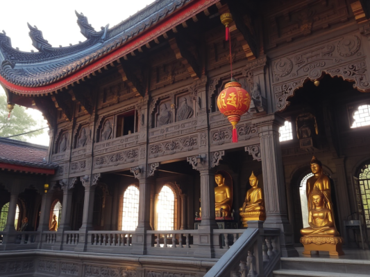 Cảnh quan chùa cổ với tượng Phật vàng, kiến trúc Việt Nam truyền thống, ánh sáng dịu nhẹ tạo không gian thanh tịnh, thể hiện tinh thần Kinh Vô Lượng Nghĩa