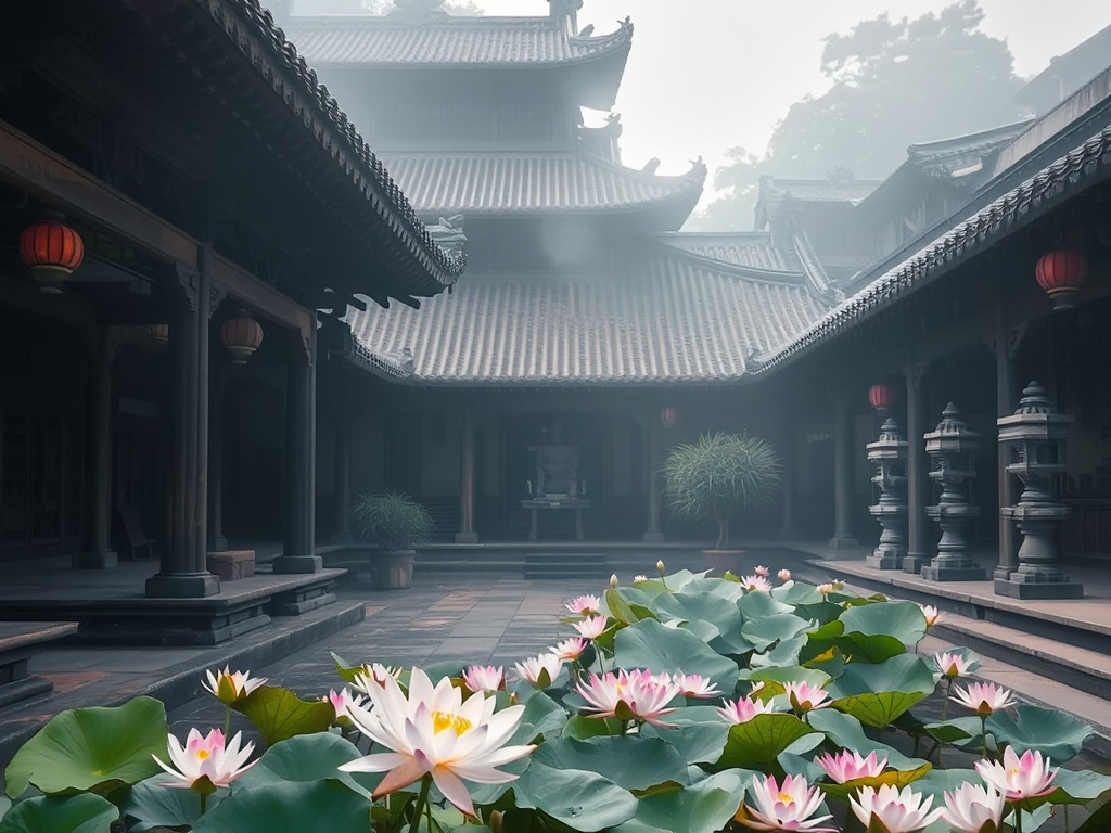 Cảnh quan chùa Phật giáo cổ kính với hoa sen, đèn đá và kiến trúc truyền thống Á Đông trong sương sớm yên bình