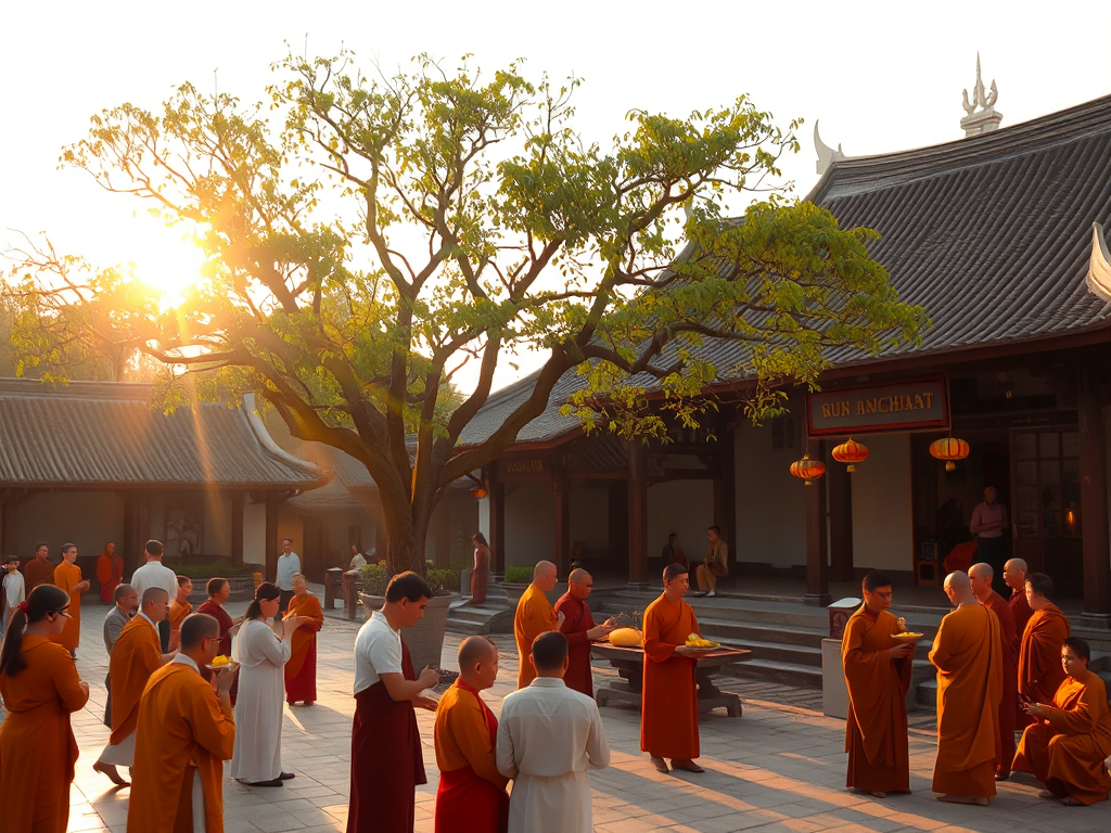 Cảnh quan chùa Phật tại Bình Dương trong mùa Vu Lan 2026 với tăng ni nhận bố thí từ Phật tử, ánh sáng vàng ấm áp chiếu qua cây cổ thụ, kiến trúc Việt Nam truyền thống