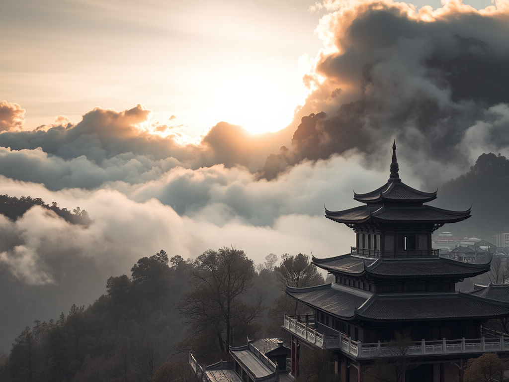 Cảnh quan núi non thanh bình với ngôi chùa Phật giáo cổ kính, mây mù bao phủ, ánh nắng vàng rực rỡ, kiến trúc Trung Hoa truyền thống tạo nên không gian thiền định yên tĩnh Cảnh quan núi non thanh bình với ngôi chùa Phật giáo cổ kính, mây mù bao phủ, ánh nắng vàng rực rỡ, kiến trúc Trung Hoa truyền thống tạo nên không gian thiền định yên tĩnh