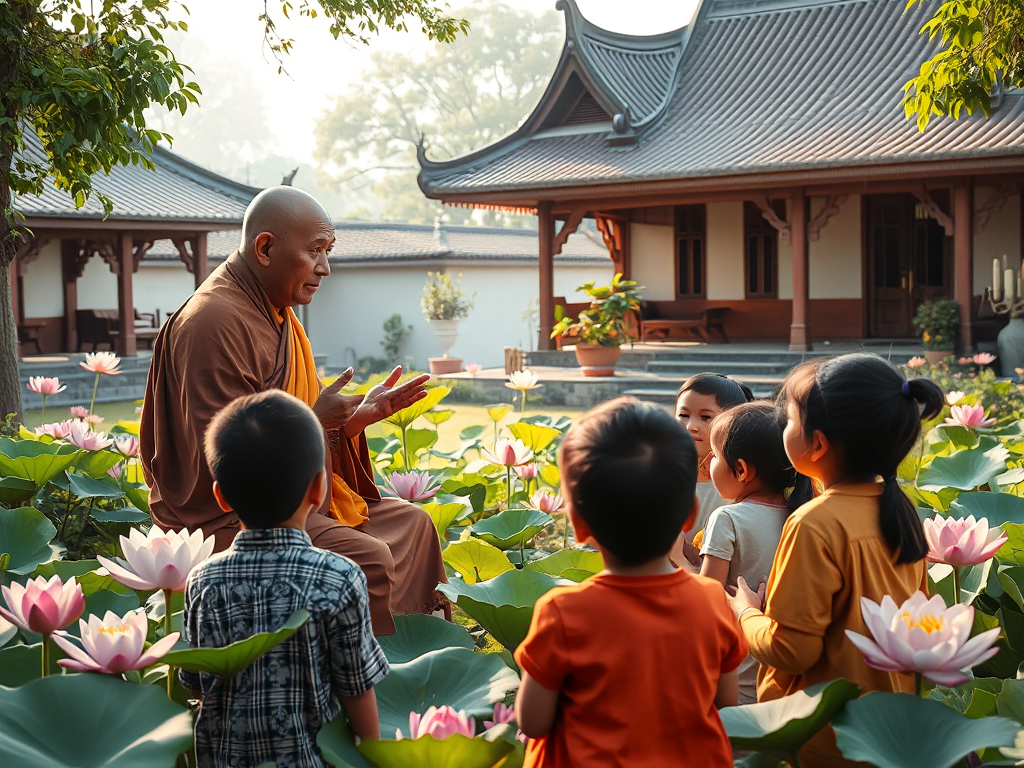 Cảnh sư thầy đang giảng kinh Phật cho các em nhỏ trong khuôn viên chùa thanh tịnh, hoa sen nở rộ xung quanh, ánh sáng dịu nhẹ buổi sáng tạo không khí trang nghiêm và thanh bình