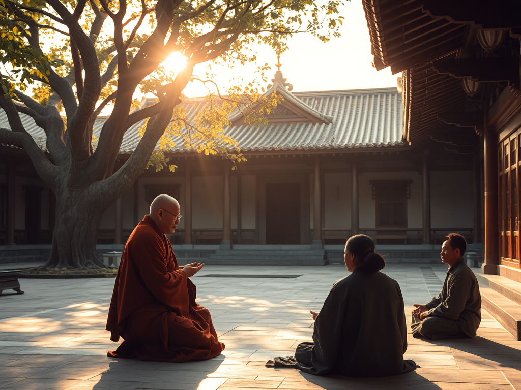 Cảnh sư thầy giảng kinh Phật cho sinh viên trong sân chùa cổ kính, ánh nắng vàng dịu nhẹ xuyên qua tán cây, tạo không gian thanh tịnh và trang nghiêm