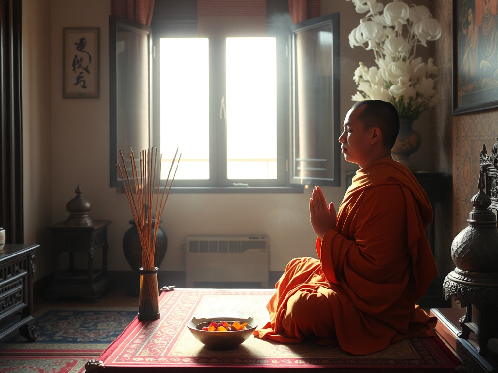 Cảnh sư thầy ngồi thiền tại bàn thờ gia đình, đang đốt hương nghi ngút khói, ánh sáng dịu nhẹ buổi sáng lọt qua cửa sổ, không gian thờ cúng truyền thống Việt Nam Cảnh sư thầy ngồi thiền tại bàn thờ gia đình, đang đốt hương nghi ngút khói, ánh sáng dịu nhẹ buổi sáng lọt qua cửa sổ, không gian thờ cúng truyền thống Việt Nam