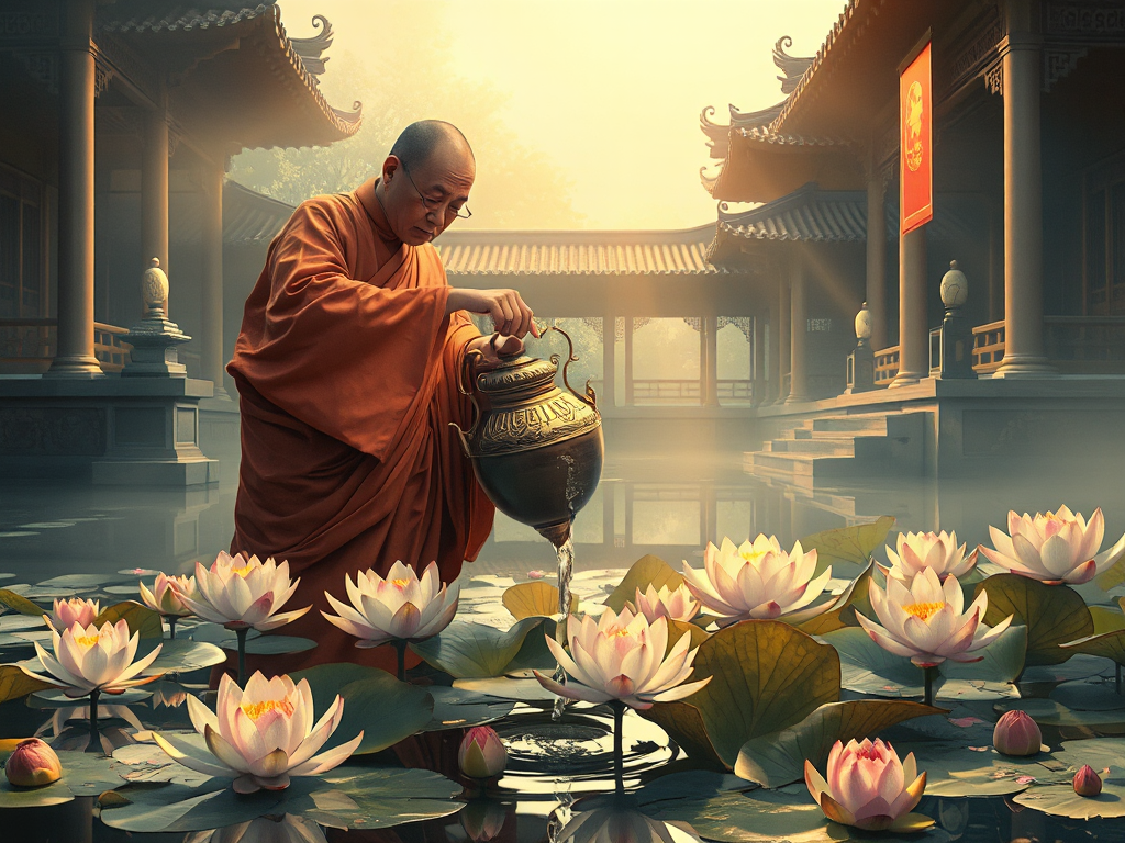 Cảnh sư thầy rưới nước thánh lên hoa sen trong ao thanh tịnh, ánh sáng vàng dịu nhẹ xuyên qua kiến trúc chùa cổ, phong cách tranh Trung Quốc truyền thống