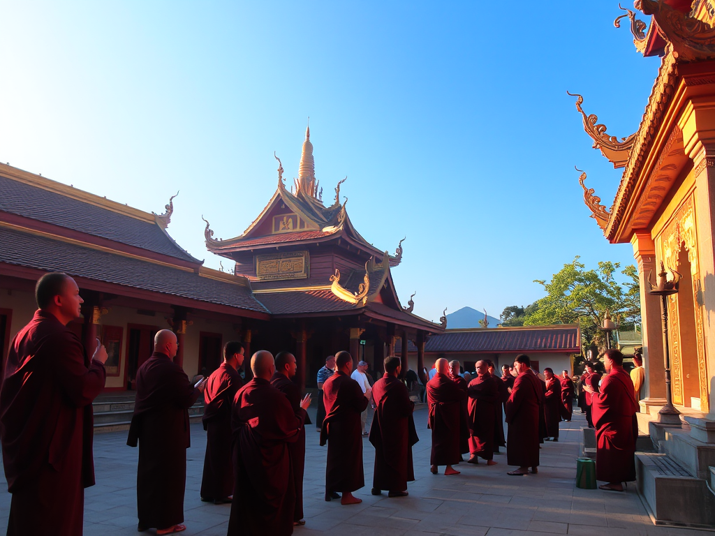 Cảnh sư thầy và tín đồ trì tụng chú Đại Bi trong khuôn viên chùa yên tĩnh, ánh sáng vàng dịu buổi sáng, không khí thanh tịnh trang nghiêm, kiến trúc chùa Việt truyền thống Cảnh sư thầy và tín đồ trì tụng chú Đại Bi trong khuôn viên chùa yên tĩnh, ánh sáng vàng dịu buổi sáng, không khí thanh tịnh trang nghiêm, kiến trúc chùa Việt truyền thống