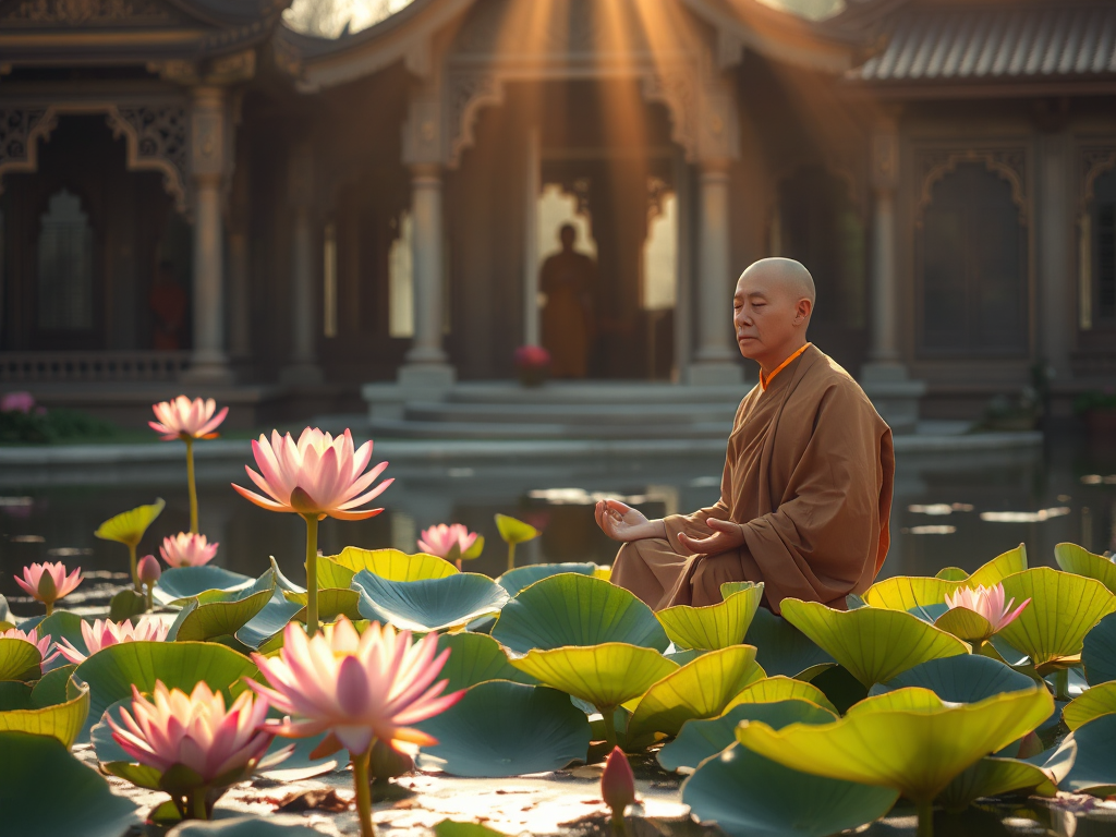 Cảnh thiền định thanh bình với hoa sen nở rộ trên ao yên tĩnh, ánh sáng vàng rọi qua kiến trúc chùa, nhà sư Phật giáo trong trang phục truyền thống thực hành chánh niệm.