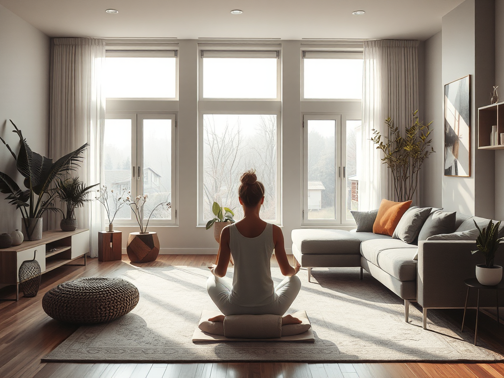 Cảnh thiền định yên bình trong phòng khách hiện đại với ánh sáng buổi sáng nhẹ nhàng, người thực hành chánh niệm trên đệm thiền, không gian tối giản thanh tịnh Cảnh thiền định yên bình trong phòng khách hiện đại với ánh sáng buổi sáng nhẹ nhàng, người thực hành chánh niệm trên đệm thiền, không gian tối giản thanh tịnh
