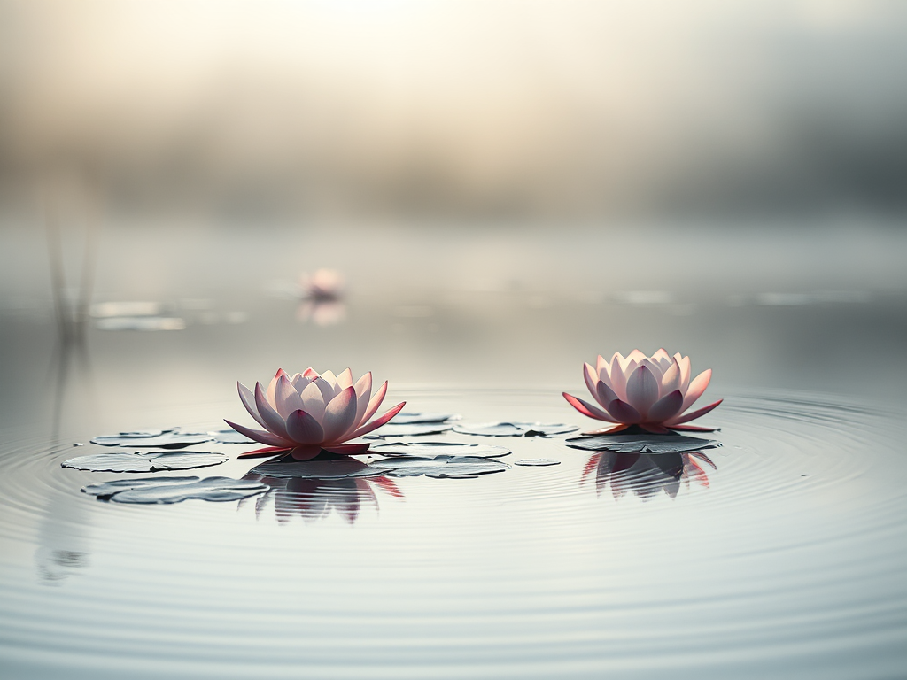 Cảnh thiền định yên bình với hoa sen nổi trên mặt nước tĩnh lặng, ánh sáng dịu nhẹ buổi sáng xuyên qua sương mù, không gian vườn thiền tối giản tạo cảm giác thanh thản tuyệt đối Cảnh thiền định yên bình với hoa sen nổi trên mặt nước tĩnh lặng, ánh sáng dịu nhẹ buổi sáng xuyên qua sương mù, không gian vườn thiền tối giản tạo cảm giác thanh thản tuyệt đối