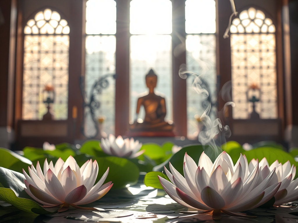 Cảnh thiền định yên bình với hoa sen, tượng Phật vàng và ánh sáng buổi sáng trong chùa, khói hương bay nhẹ nhàng tạo không gian thanh tịnh Cảnh thiền định yên bình với hoa sen, tượng Phật vàng và ánh sáng buổi sáng trong chùa, khói hương bay nhẹ nhàng tạo không gian thanh tịnh