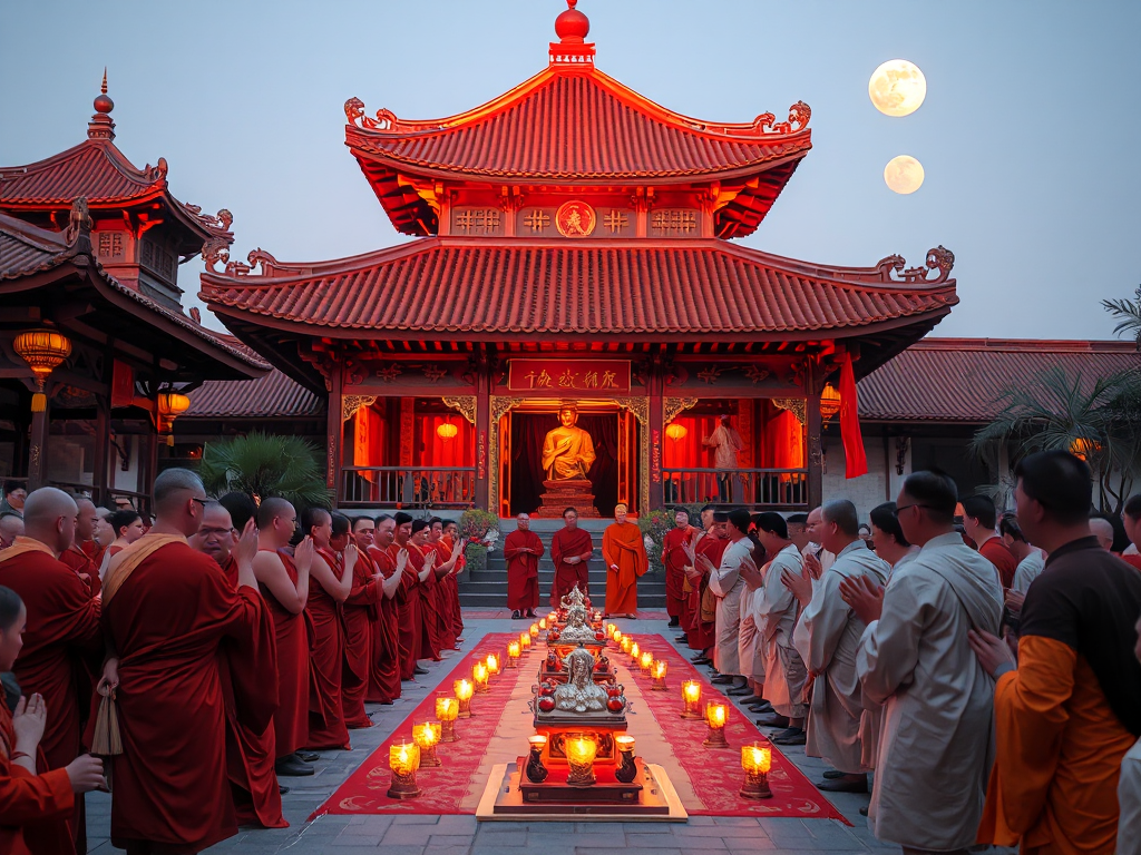 Cảnh thực hành lễ báo hiếu tại chùa Bửu Long ngày Rằm tháng Bảy với tăng ni và phật tử tham gia nghi thức truyền thống trong không gian chùa Việt Nam