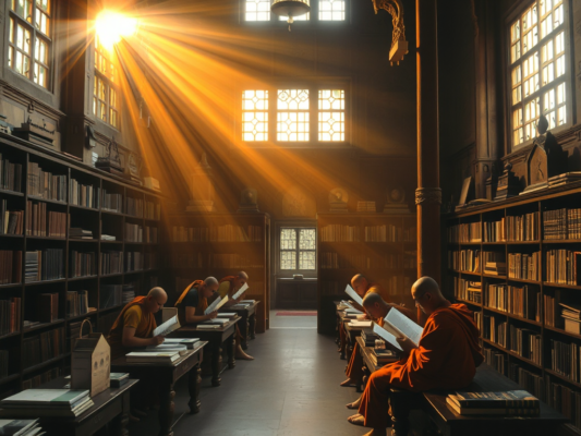 Cảnh trong thư viện chùa cổ với các nhà sư đang nghiên cứu kinh điển, ánh sáng vàng ấm áp chiếu qua cửa sổ, kiến trúc truyền thống Đông Nam Á, không gian thanh tịnh và trang nghiêm