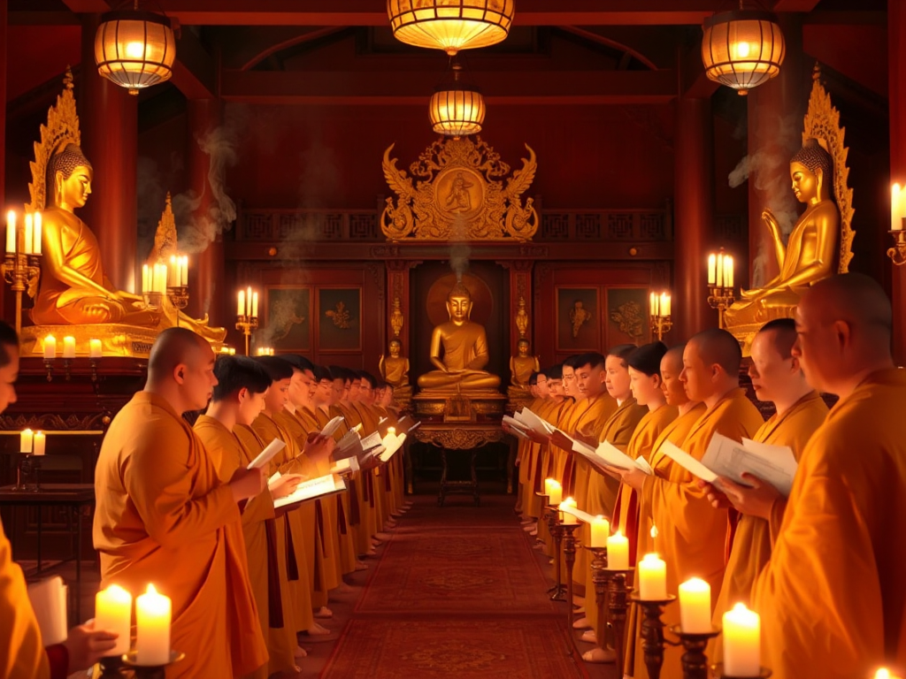 Cảnh tụng kinh Địa Tạng tại chùa Bình Dương với các tăng ni và phật tử, tượng Phật vàng, nến sáng lung linh, khói hương nghi ngút trong không gian thanh tịnh