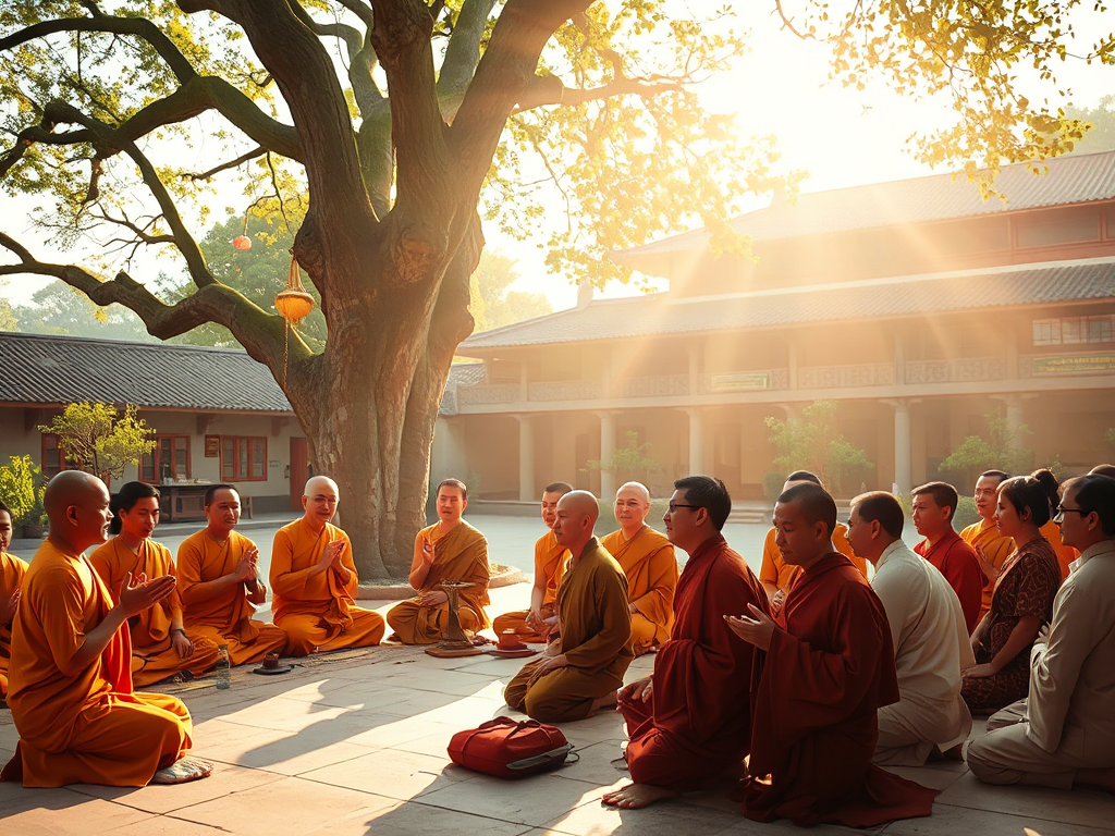 Cảnh tượng các nhà sư và Phật tử đang tụng kinh chú ngữ trong sân chùa thanh tịnh, ánh sáng vàng dịu nhẹ xuyên qua tán cây cổ thụ, kiến trúc chùa Việt Nam truyền thống làm nền Cảnh tượng các nhà sư và Phật tử đang tụng kinh chú ngữ trong sân chùa thanh tịnh, ánh sáng vàng dịu nhẹ xuyên qua tán cây cổ thụ, kiến trúc chùa Việt Nam truyền thống làm nền