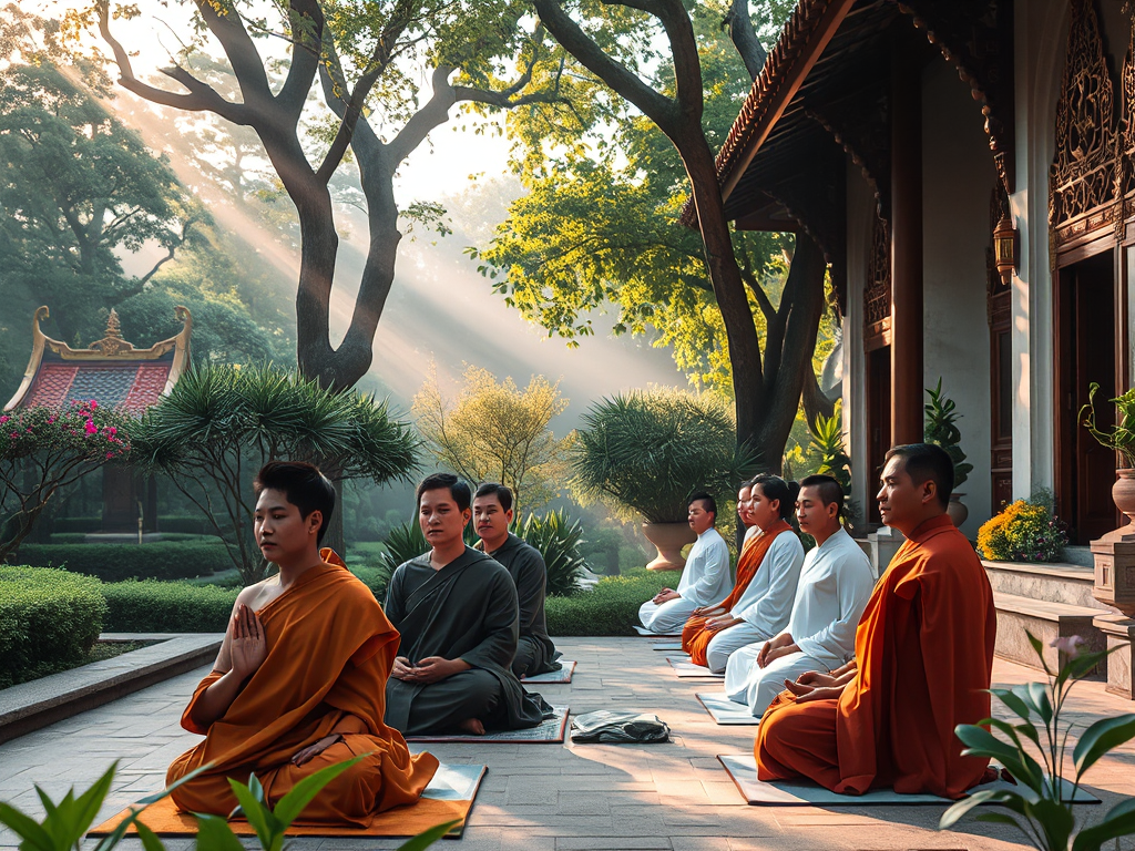 Cảnh tượng các Phật tử thực hành thiền định trong khuôn viên chùa thanh tịnh, ánh sáng dịu nhẹ buổi sáng tạo không gian an lạc, thể hiện tinh thần Kinh Viên Giác trong đời sống tu tập hàng ngày