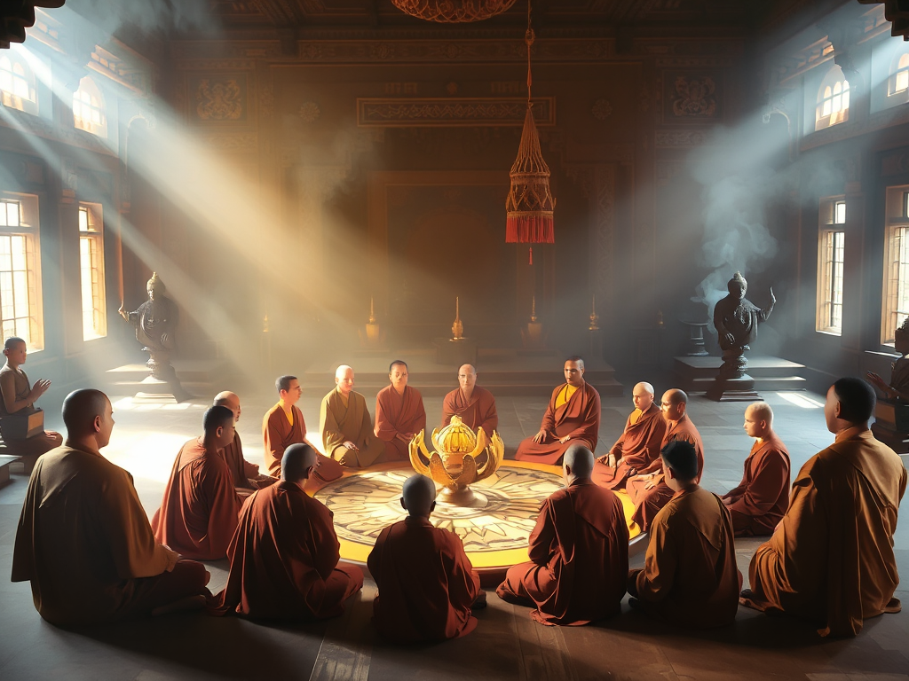Cảnh tượng các vị tăng sĩ ngồi thiền quanh mandala hình hoa sen trong không gian chùa thanh tịnh, ánh sáng vàng dịu nhẹ và khói hương bay nghi ngút Cảnh tượng các vị tăng sĩ ngồi thiền quanh mandala hình hoa sen trong không gian chùa thanh tịnh, ánh sáng vàng dịu nhẹ và khói hương bay nghi ngút