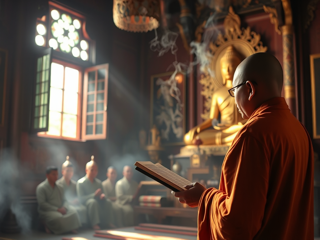 Cảnh tượng một vị sư thầy đang tụng kinh trong chùa với tượng Phật vàng, khói hương nghi ngút, ánh sáng dịu nhẹ từ cửa sổ tạo không gian thanh tịnh