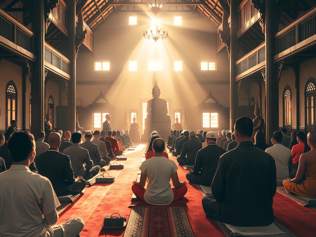 Cảnh tượng thiền định tại chùa ở Bình Dương, các tăng ni và phật tử đang thực hành pháp Quán Vô Lượng Thọ trong không gian trang nghiêm, ánh sáng dịu nhẹ tạo nên bầu không khí thanh tịnh.