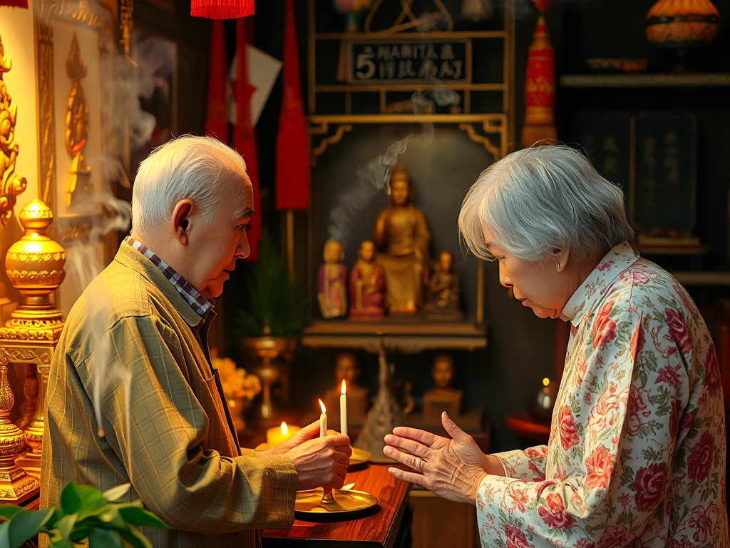 Cặp vợ chồng cao tuổi người Việt cầu nguyện tại bàn thờ tổ tiên, khói hương bay lên trong ánh sáng vàng dịu nhẹ tại không gian nhà truyền thống