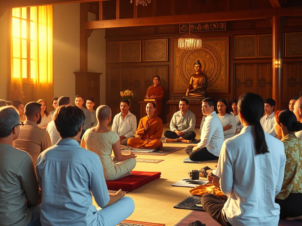 Cộng đồng Phật tử Bình Dương tụ họp trong thiền đường, ánh sáng vàng dịu nhẹ, các Phật tử đang thực hành thiền định trong không gian thanh tịnh Cộng đồng Phật tử Bình Dương tụ họp trong thiền đường, ánh sáng vàng dịu nhẹ, các Phật tử đang thực hành thiền định trong không gian thanh tịnh