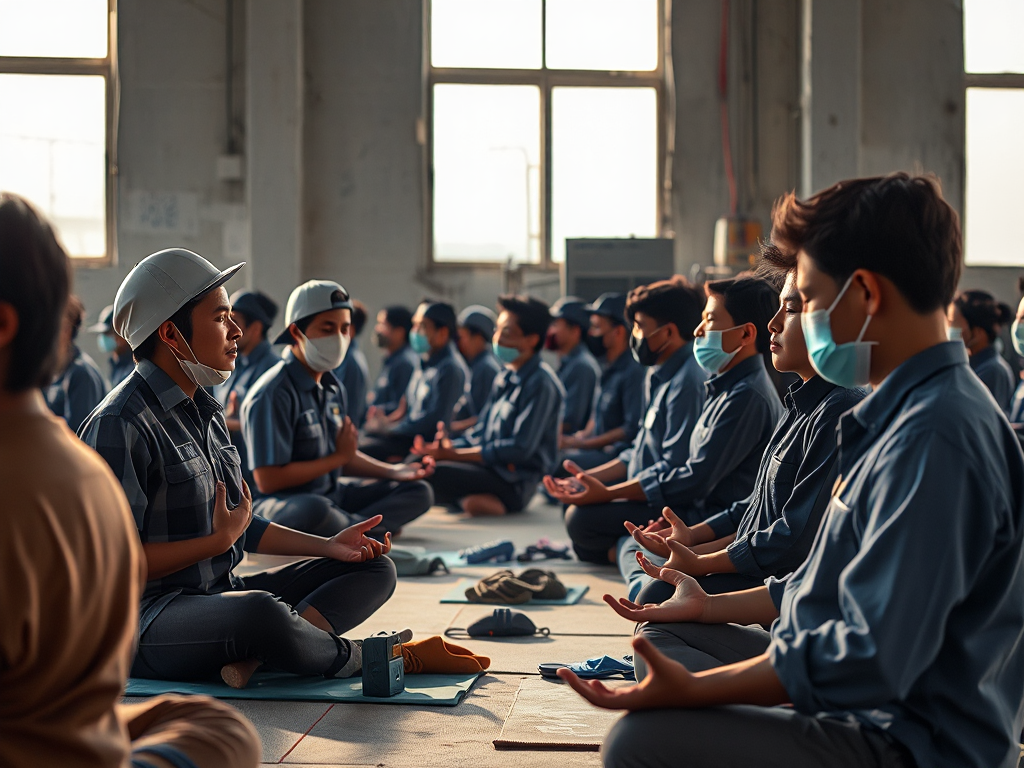 Công nhân nhà máy tại khu công nghiệp Bình Dương thực hành thiền định trong giờ nghỉ, ánh sáng tự nhiên từ cửa sổ, phong cách nhiếp ảnh tài liệu Công nhân nhà máy tại khu công nghiệp Bình Dương thực hành thiền định trong giờ nghỉ, ánh sáng tự nhiên từ cửa sổ, phong cách nhiếp ảnh tài liệu