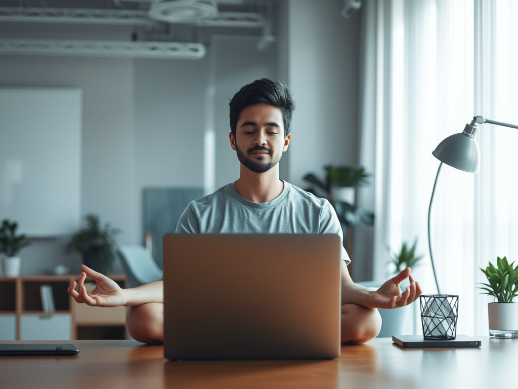 Công nhân văn phòng ngồi thiền tại bàn làm việc với máy tính xách tay, ánh sáng dịu nhẹ, không gian làm việc hiện đại yên tĩnh, thực hành chánh niệm kỹ thuật số. Công nhân văn phòng ngồi thiền tại bàn làm việc với máy tính xách tay, ánh sáng dịu nhẹ, không gian làm việc hiện đại yên tĩnh, thực hành chánh niệm kỹ thuật số.