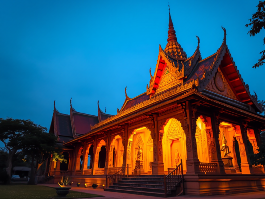 Đền chùa Phật giáo cổ kính với ánh sáng vàng rực rỡ, cột đá chạm khắc tinh xảo, không gian thanh tịnh, vườn thiền truyền thống Đông Nam Á