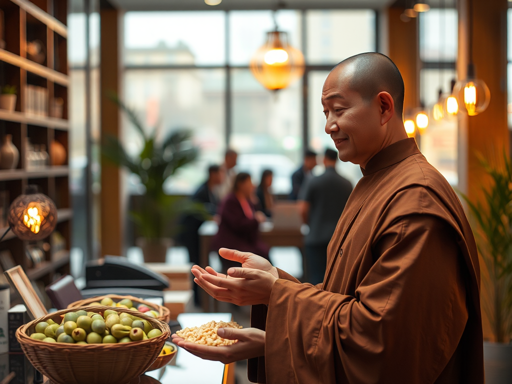 Doanh nhân Phật tử thực hành bố thí trong môi trường kinh doanh hiện đại, trao tặng quà cho cộng đồng, ánh sáng vàng ấm áp, không gian văn phòng châu Á đương đại Doanh nhân Phật tử thực hành bố thí trong môi trường kinh doanh hiện đại, trao tặng quà cho cộng đồng, ánh sáng vàng ấm áp, không gian văn phòng châu Á đương đại