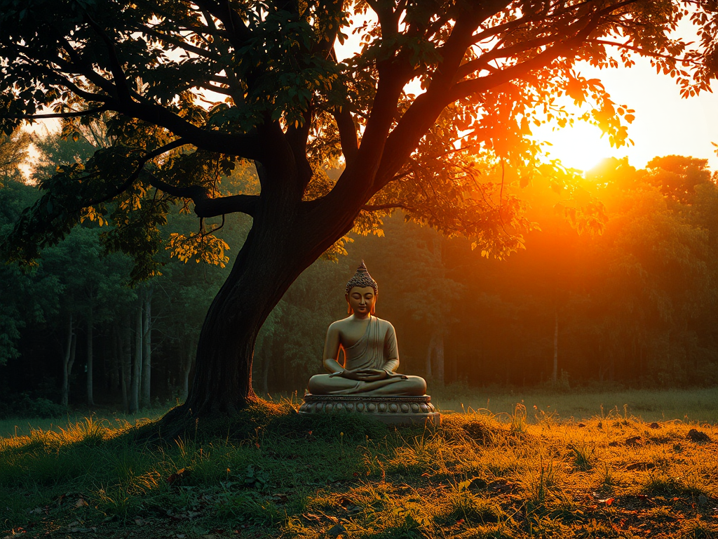 Đức Phật ngồi thiền dưới gốc cây sa la trong rừng, bao quanh là các đệ tử lắng nghe lời dạy cuối cùng, ánh sáng vàng rực rỡ chiếu qua tán lá, không khí thanh bình tâm linh