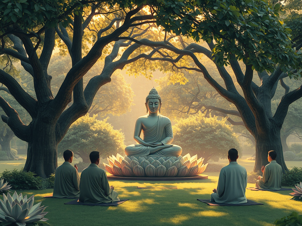 Đức Phật ngồi trên tòa sen dưới tán cây cổ thụ trong vườn Lộc Uyển, xung quanh là các đệ tử đang lắng nghe, ánh sáng vàng dịu nhẹ tạo không gian thanh tịnh Đức Phật ngồi trên tòa sen dưới tán cây cổ thụ trong vườn Lộc Uyển, xung quanh là các đệ tử đang lắng nghe, ánh sáng vàng dịu nhẹ tạo không gian thanh tịnh