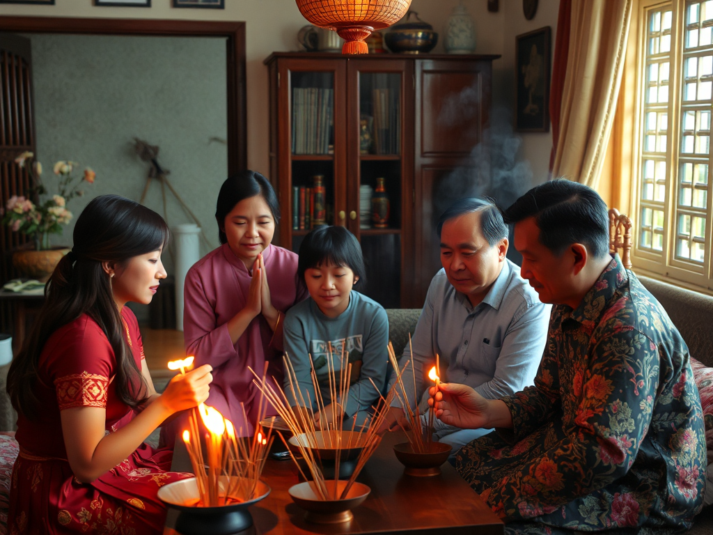 Gia đình cầu nguyện đầu năm trong không gian truyền thống, thắp hương cầu an, ánh sáng ấm áp, mang đậm bản sắc văn hóa Việt Nam