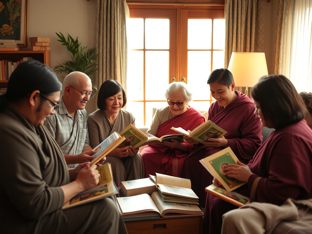 Gia đình đang tập trung trong phòng khách để nhận và sắp xếp kinh sách miễn phí, ánh sáng tự nhiên ấm áp, ghi lại khoảnh khắc thực tế trong cuộc sống hàng ngày Gia đình đang tập trung trong phòng khách để nhận và sắp xếp kinh sách miễn phí, ánh sáng tự nhiên ấm áp, ghi lại khoảnh khắc thực tế trong cuộc sống hàng ngày
