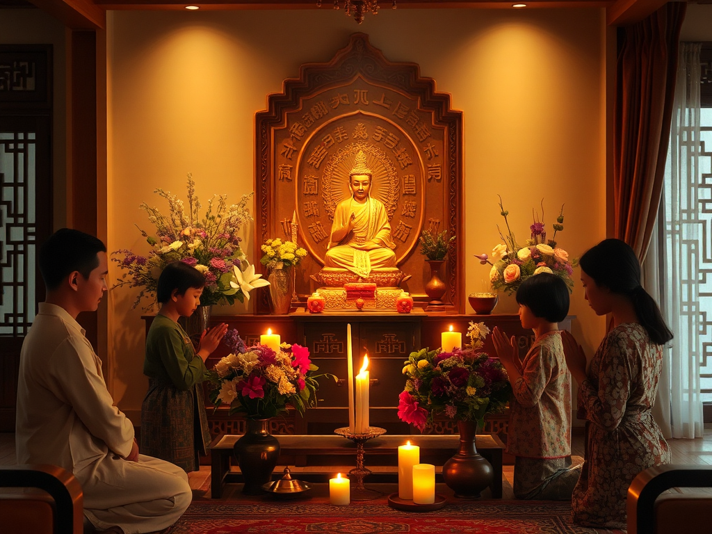 Gia đình đang thực hiện nghi thức tụng Kinh Phổ Môn tại nhà với bàn thờ Phật trang nghiêm, hương trầm nghi ngút, hoa tươi và nến sáng, không gian thanh tịnh ấm áp.