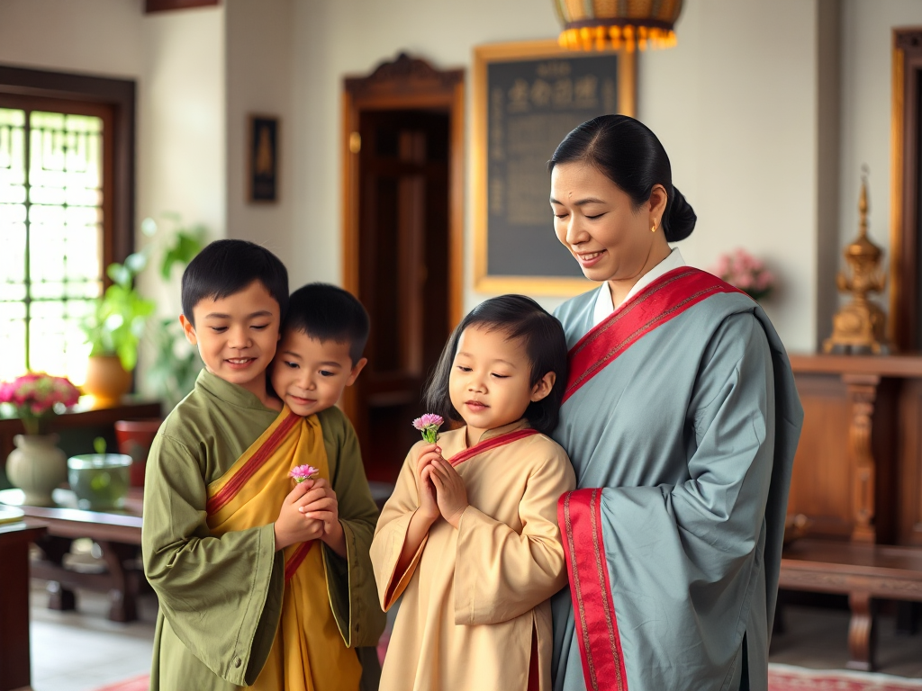 Gia đình Phật tử Bình Dương thực hành kinh Báo Ân cùng nhau trong chùa, cha mẹ và con cái ngồi thiền và tụng kinh, không gian thanh tịnh trang nghiêm